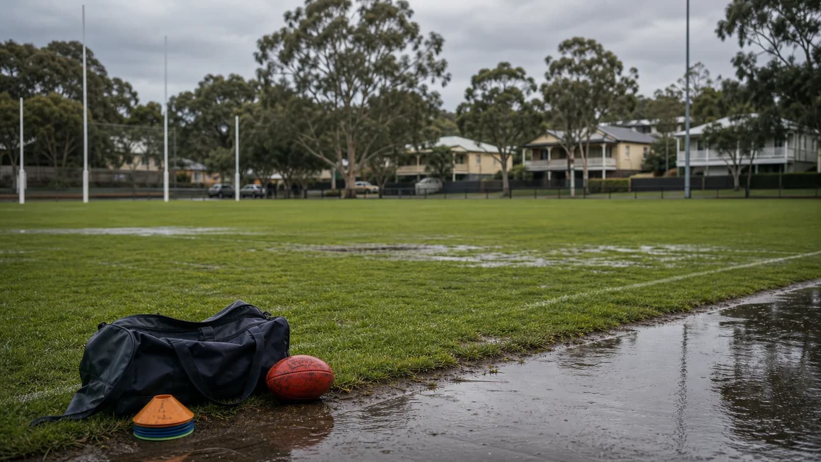 A rain-soaked Brisbane school sports oval with AFL training gear near the boundary and Queenslander homes in the background.