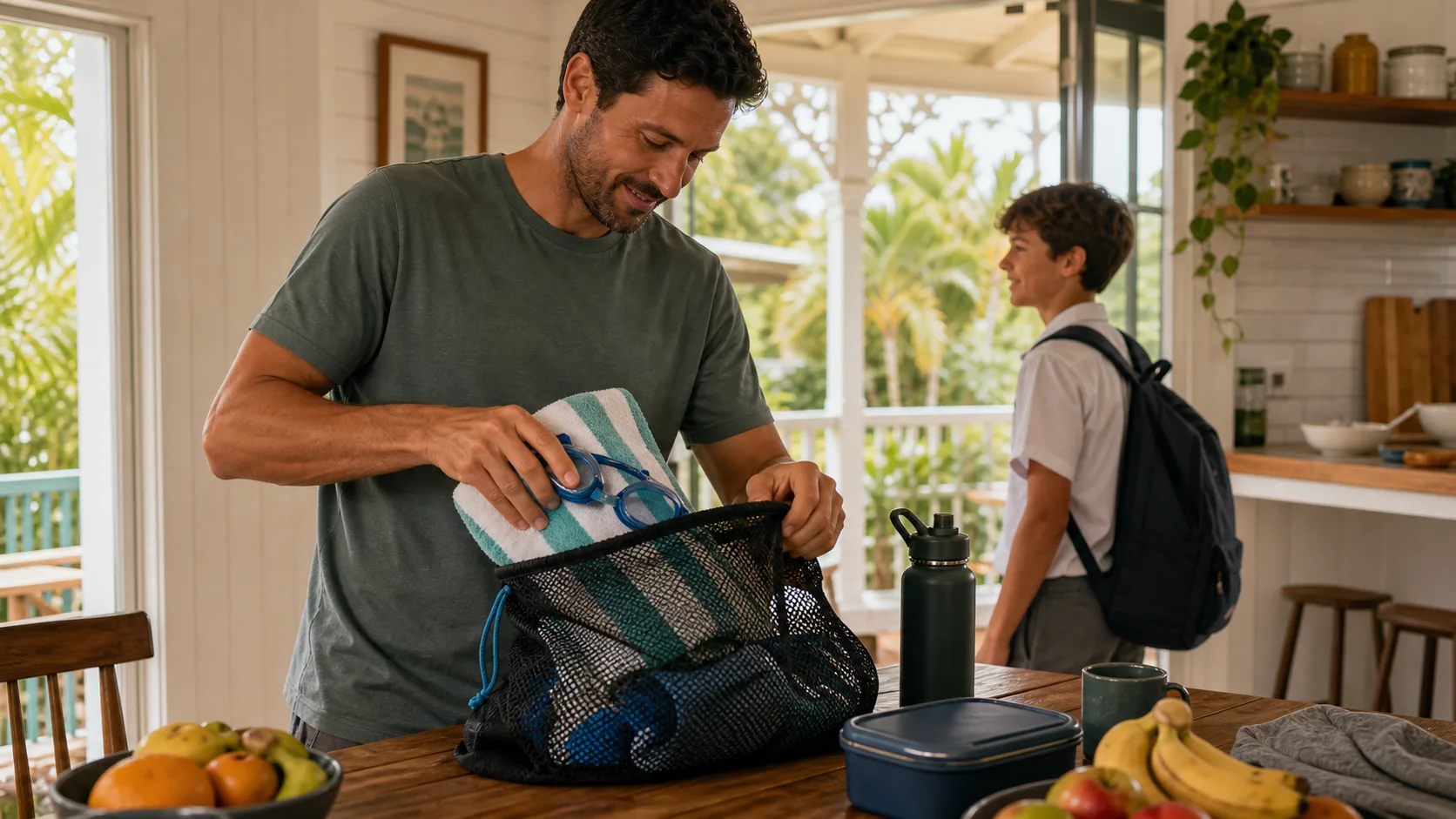 Dad packing a dry towel and goggles into a mesh swim bag in a Brisbane Queenslander kitchen before school.