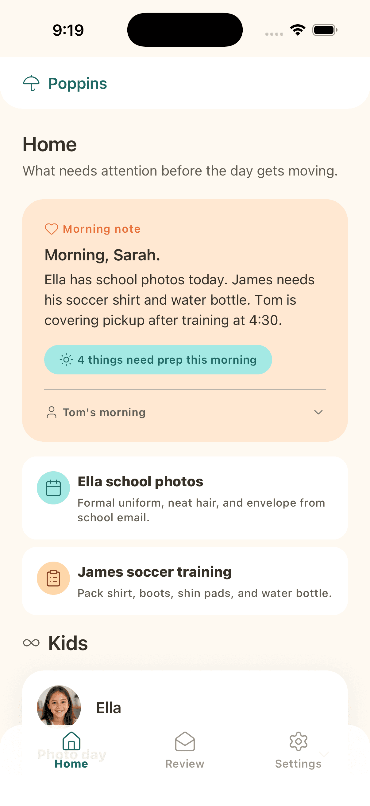 Poppins Home screen showing a morning note, today items, kids rhythm cards, and family portraits.