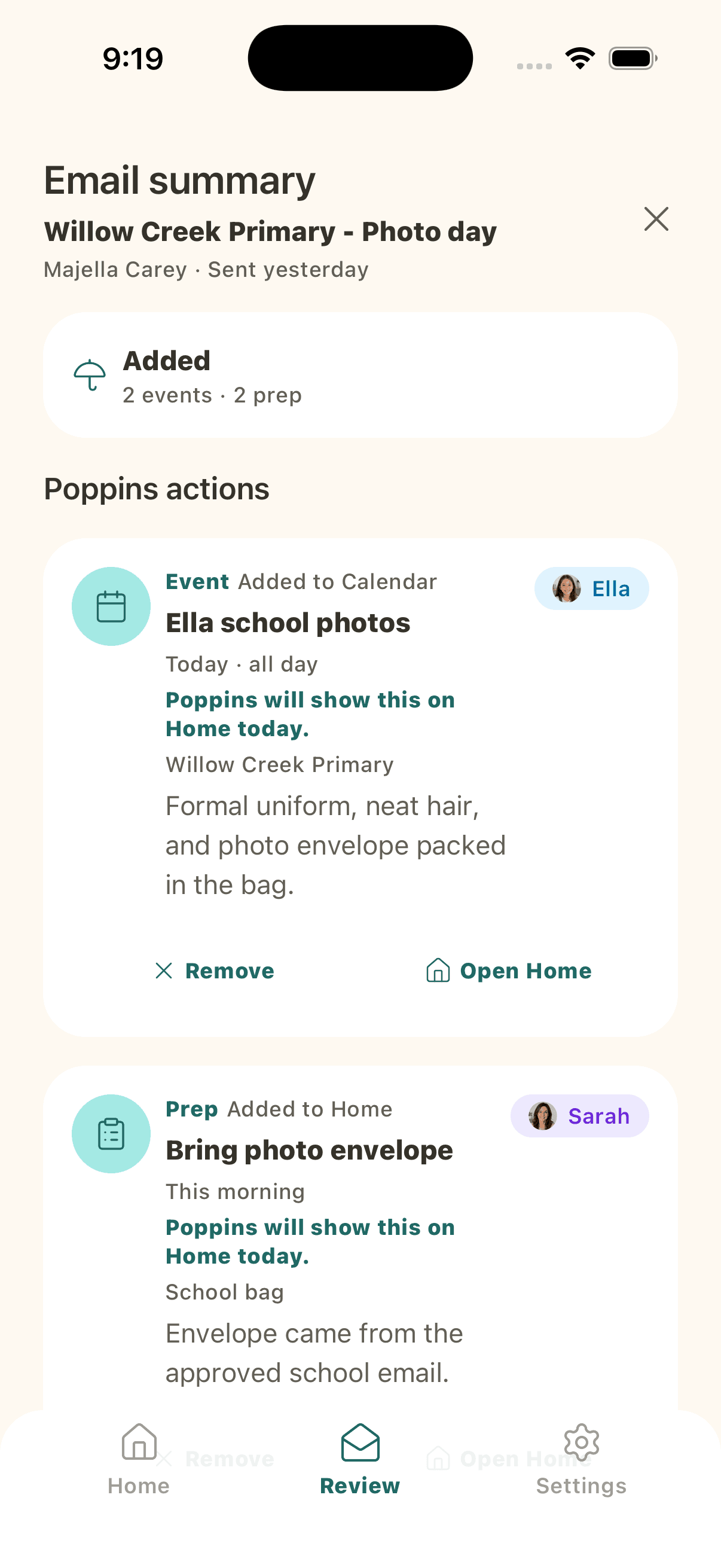 Poppins Review screen showing an email summary with suggested actions tied to the original message.
