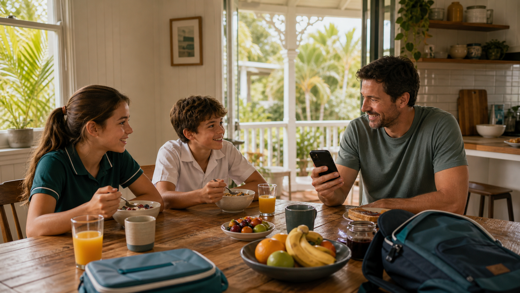 Dad checking a phone at breakfast in a Brisbane Queenslander home while smiling toward older school-age children, with school bags nearby.
