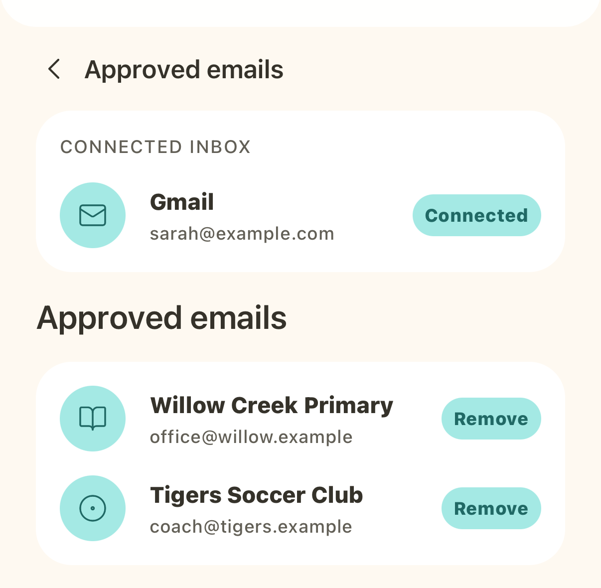 Poppins Approved emails screen showing connected Gmail and approved school and sport senders.