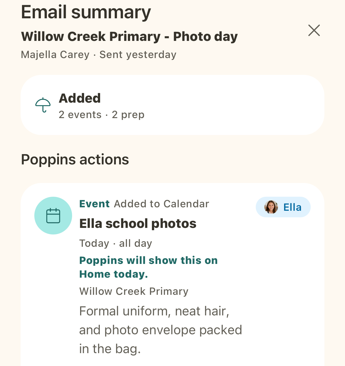 Poppins Review screen showing a source email summary and a suggested school photos action.