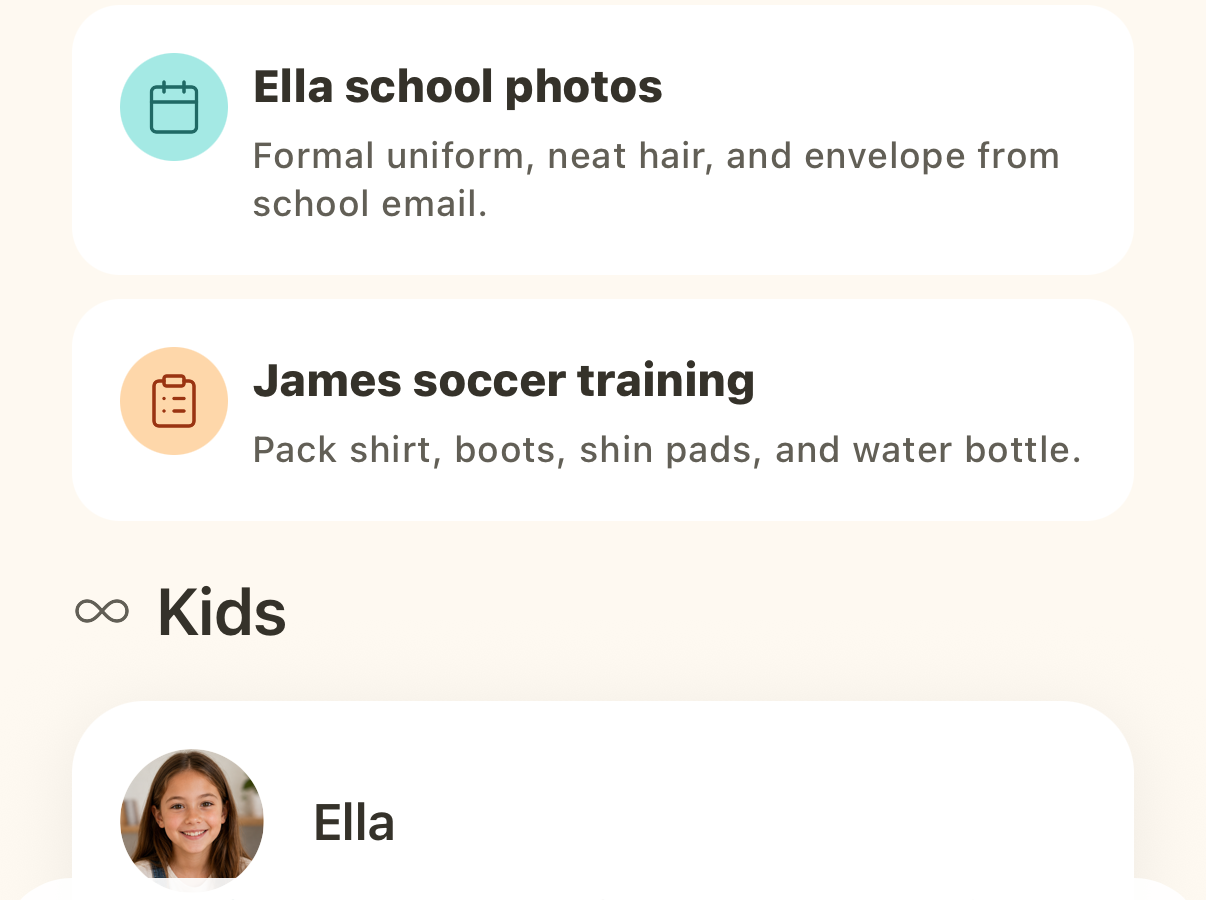 Poppins Home screen showing recurring family prep cards and a child section.